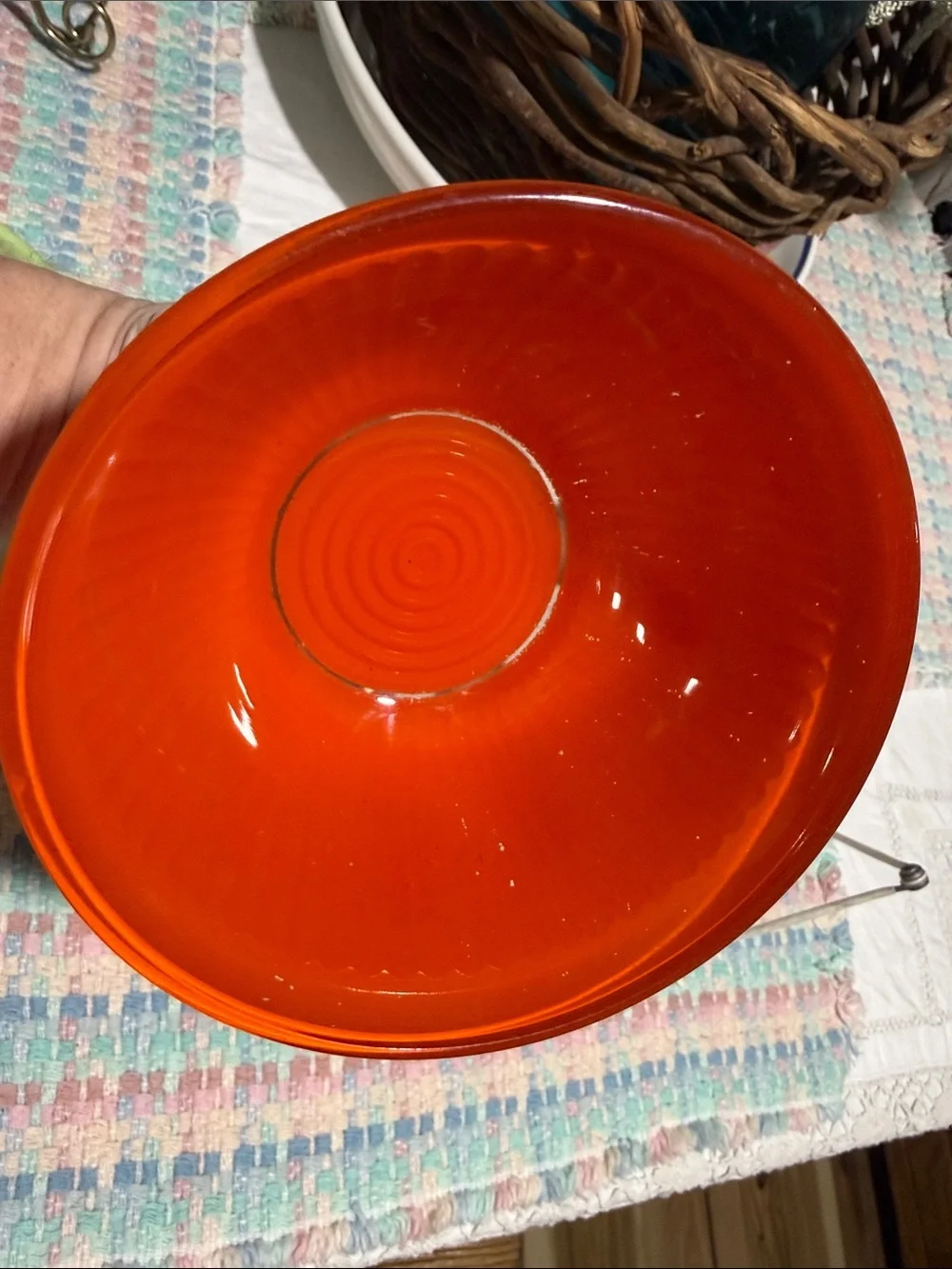 Vintage orange flashed ribbed glass anchor hocking refrigerator bowls